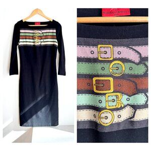 Roberta Di Camerino Belt Print Black Bodycon Dress 6